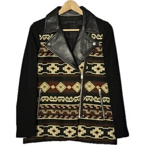 ZARA WOMAN LEATHER WOOL BLACK MOTORCYCLE MOTO JACKET EMBROIDERED TRIBAL SZ S